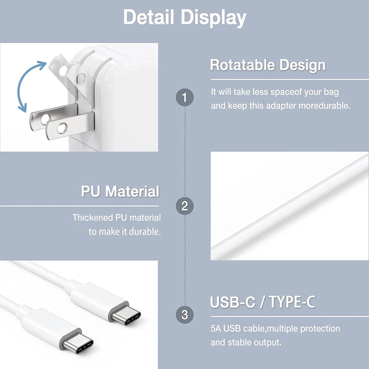 عرض تفصيلي لمحول USB-C/Type-C من مادة PU بيضاء قابل للدوران وخرج 5 أمبير.