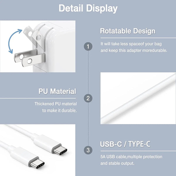 Detail display of a white PU material USB-C/Type-C adapter with a rotatable design and 5A output.