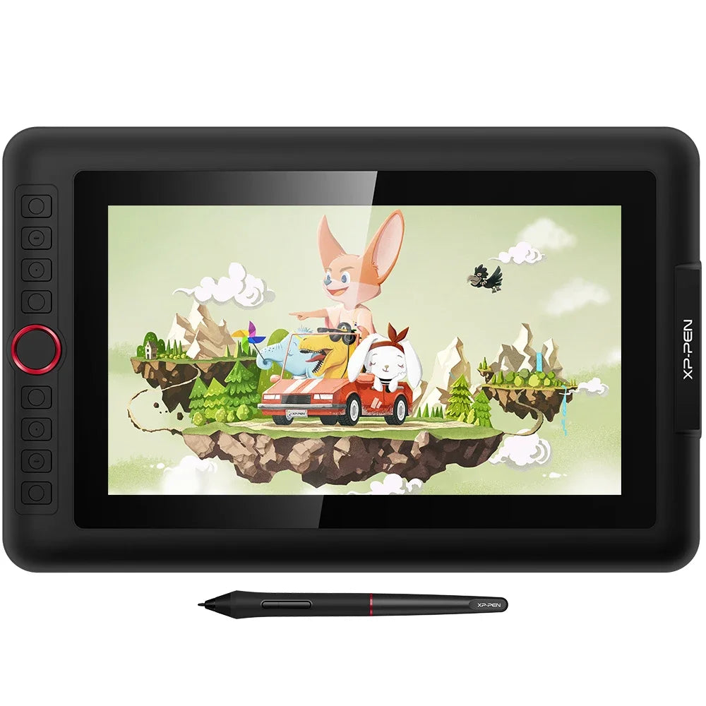 A digital drawing tablet with a screen displaying an anime character and a stylus.