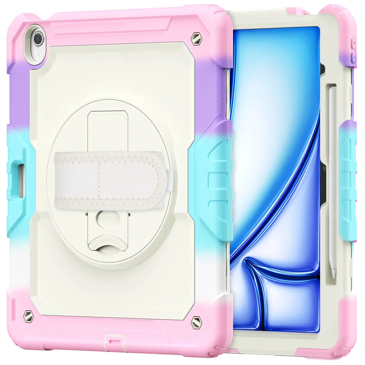 A pink and white heavy duty shockproof iPad case with a built-in screen protector and kickstand visible.