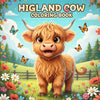 A cute Highland cow illustration with horns standing in a colorful field surrounded by flowers and trees.