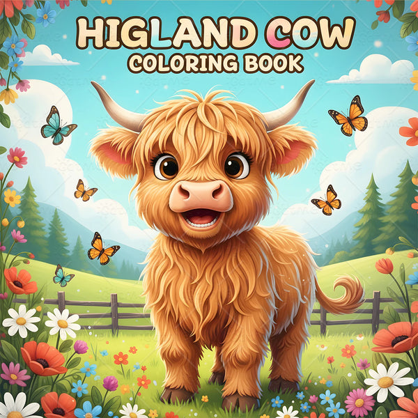 A cute Highland cow illustration with horns standing in a colorful field surrounded by flowers and trees.