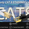 D-Sunty CAT 8 Ethernet cable with gold-plated RJ45 connectors showing technical specifications.