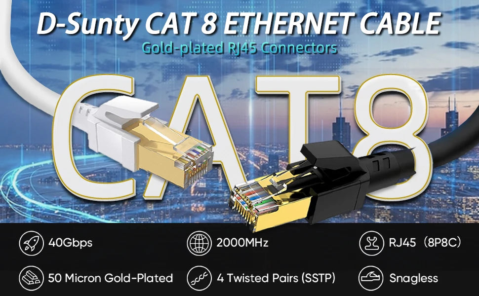 D-Sunty CAT 8 Ethernet cable with gold-plated RJ45 connectors showing technical specifications.