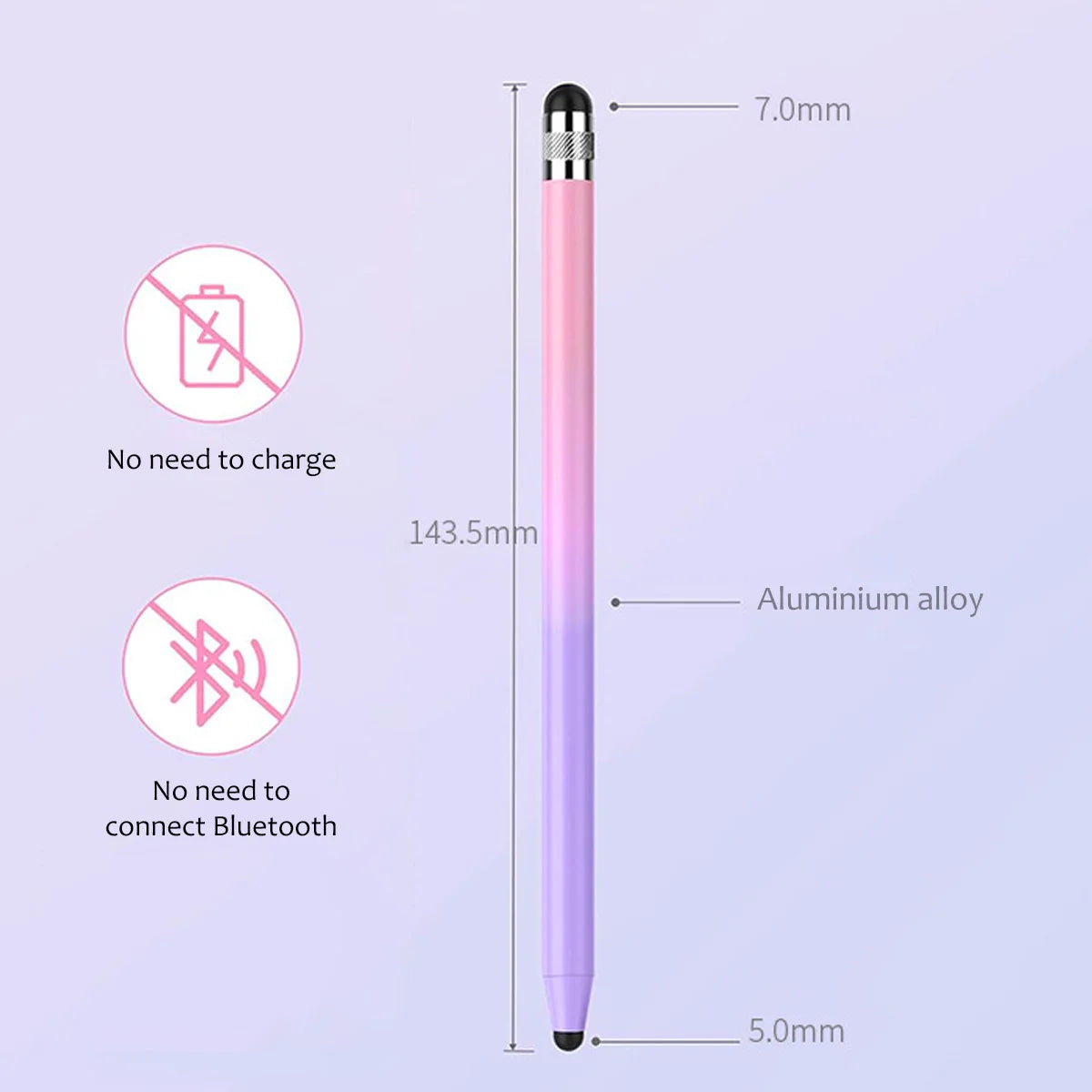 A long, slender, pink capacitive stylus pen with a black tip and aluminum alloy body.
