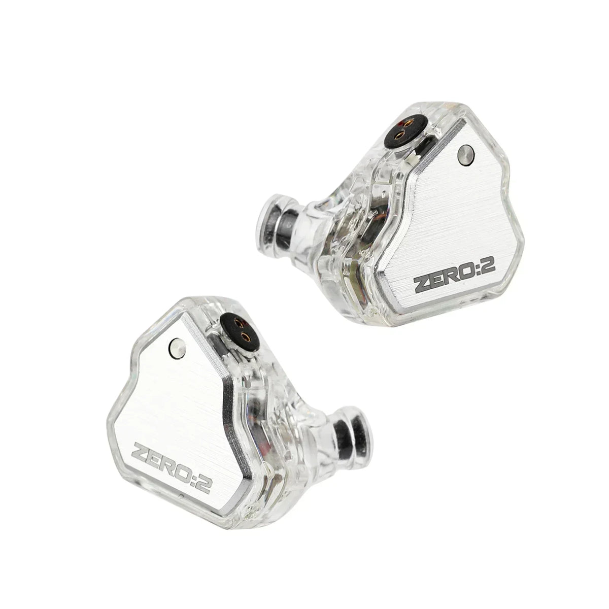 A pair of clear, studio-grade wired in-ear monitors labeled ZERO:2