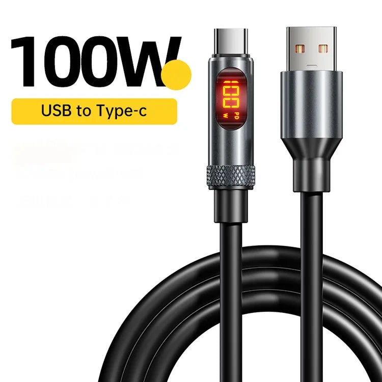 A black USB to Type-c adapter showing a 100W output rating and the cable connector.