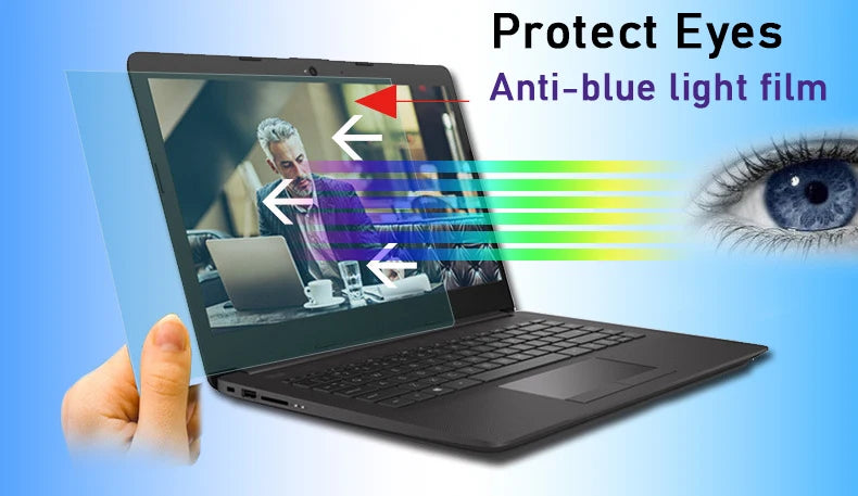 A laptop screen is shown with an anti-blue light film applied, demonstrating protection for the eyes.