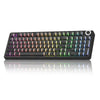 A black mechanical keyboard with purple and green LED backlighting and a circular cutout on the right side.