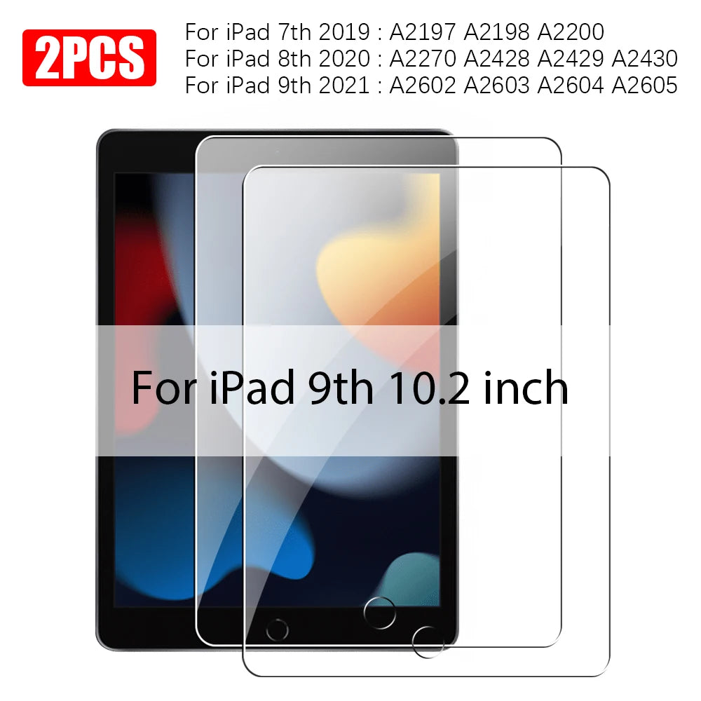 Zwei klare gehärtete Glasschutzfolien für ein iPad 9. Generation (10,2 Zoll).