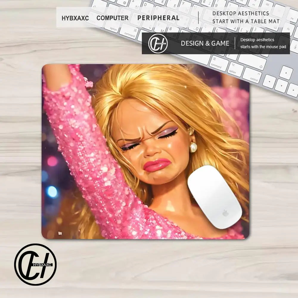 A close-up of a blonde woman's face and arm wearing a pink glitter sleeve, next to a white mouse pad.