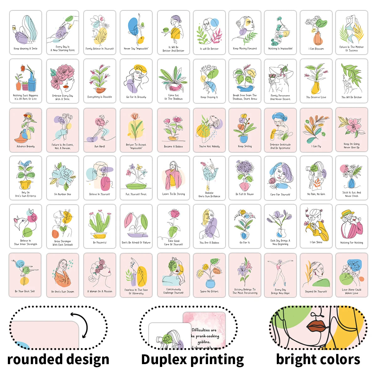 A set of affirmation cards featuring various positive messages and illustrations for daily positivity.