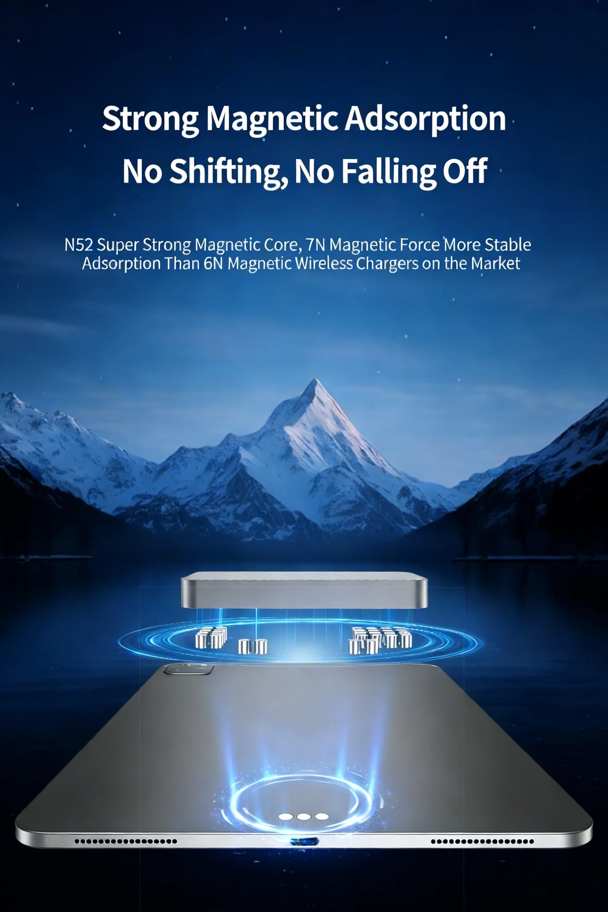 A silver magnetic wireless charging module is shown hovering above a surface, illustrating strong magnetic adsorption.