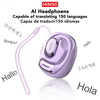 A purple Miniso AI headphones shown with various language translations around them.