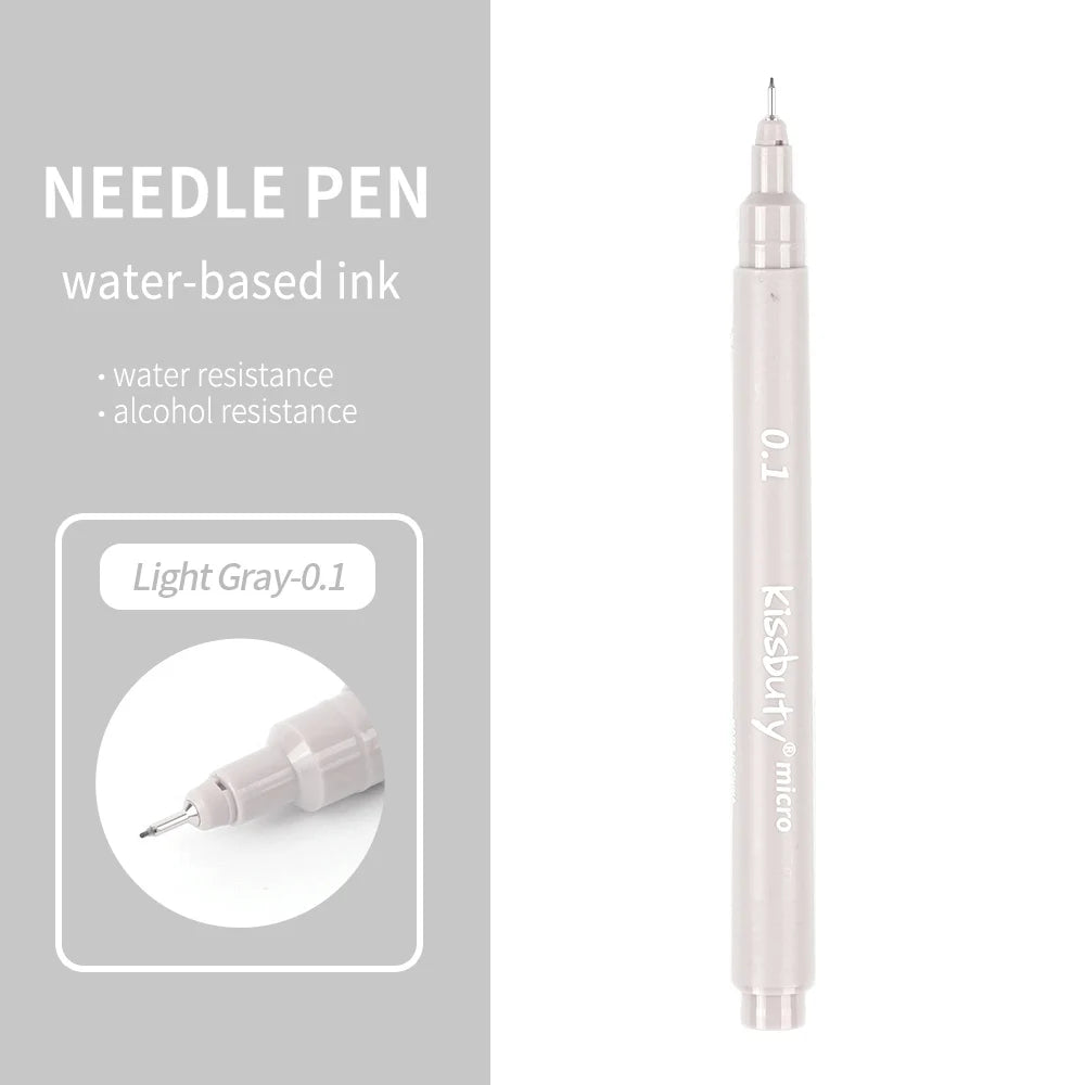 A light gray needle pen with a fine tip and a silver cap, shown vertically.
