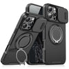 Black sliding camera lens protection phone case with a kickstand shown from the back.