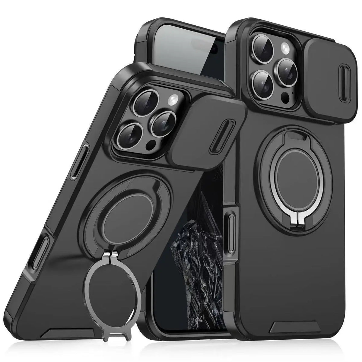 Black sliding camera lens protection phone case with a kickstand shown from the back.
