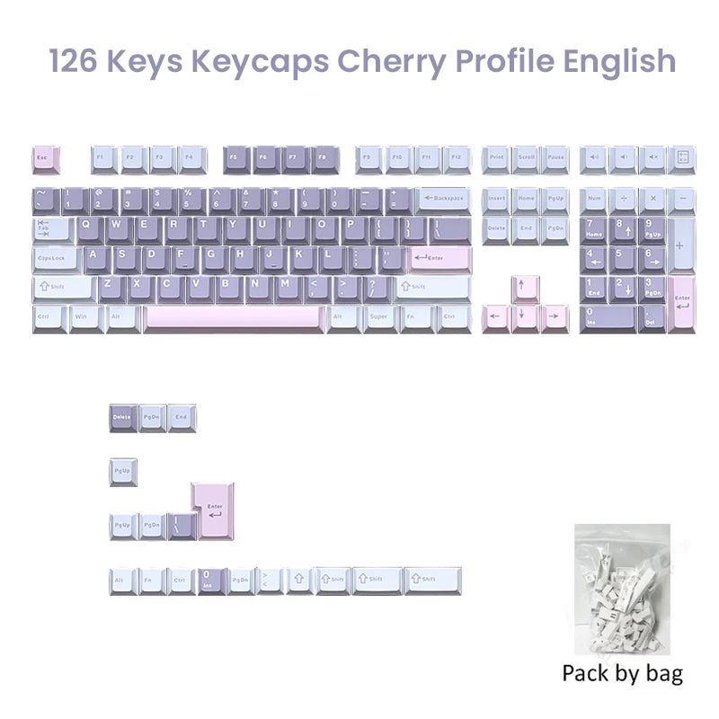 A collection of 126 Cherry profile PBT keycaps for mechanical keyboards, arranged in rows and packaged by bag.