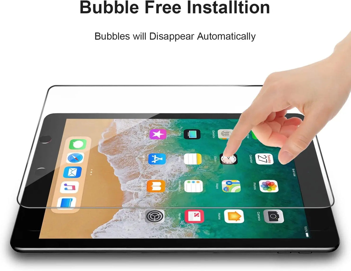 A hand places a bubble-free installation of a tempered glass screen protector onto an iPad display.