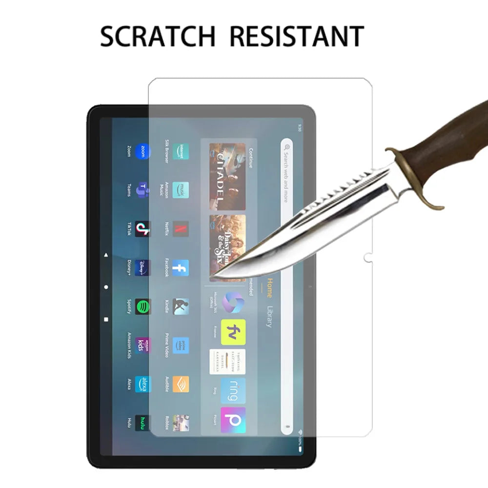 A tempered glass screen protector is shown being applied to an Amazon Fire HD tablet, emphasizing scratch resistance.