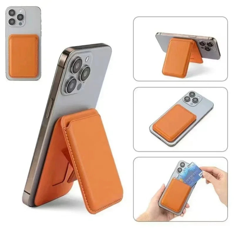 A magnetic leather wallet with a stand case shown in various angles and usage examples.
