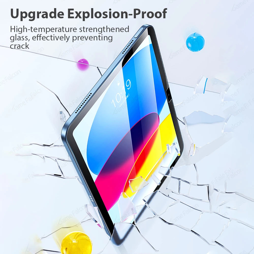 A close-up view of an iPad screen protected by a high-temperature strengthened glass screen protector, demonstrating explosio