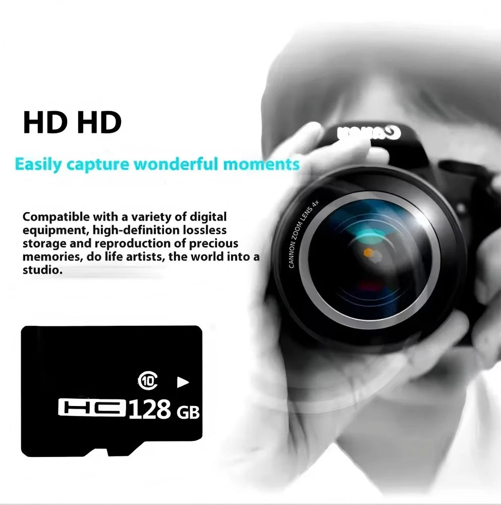 A hand holds a Canon zoom lens attached to a camera, demonstrating the HD recording capability.