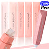 A pink gradient double-sided tape pen is shown with several identical pens and a detached tip.