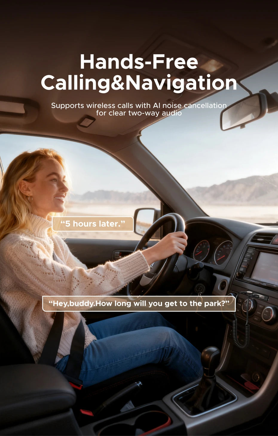 A woman is driving a car, looking out the window. The interior shows a dashboard and steering wheel.