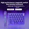 A purple frosted transparent magnetic switch one-handed keyboard featuring a custom layout and mounting bracket.