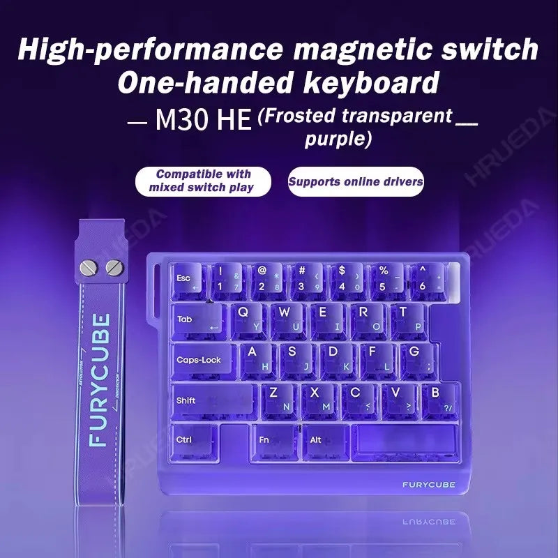 A purple frosted transparent magnetic switch one-handed keyboard featuring a custom layout and mounting bracket.
