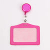Pink PU leather retractable ID card holder with a pink reel and clear plastic badge case