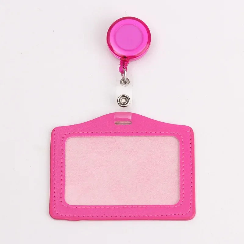 Pink PU leather retractable ID card holder with a pink reel and clear plastic badge case