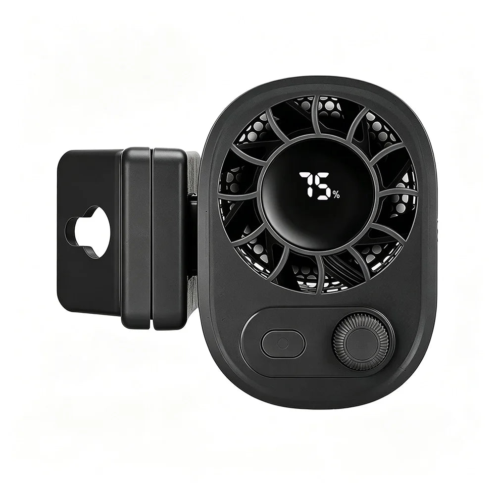 Black portable mini fan with a clip and a dial control for adjustable airflow.
