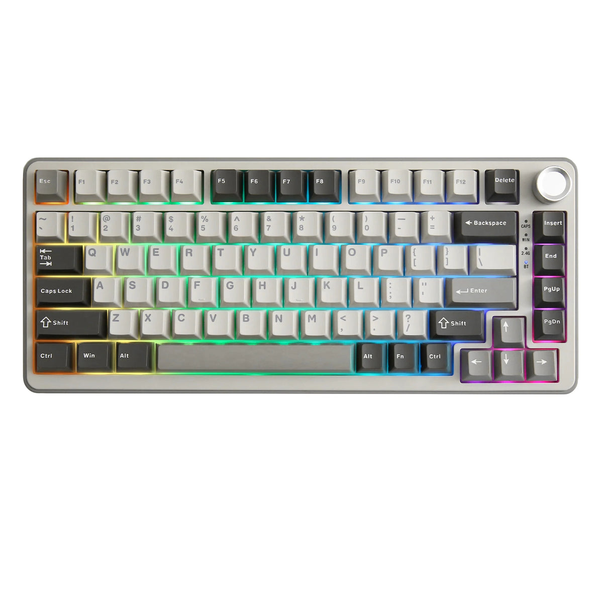 A close-up view of a silver 82-key wireless mechanical keyboard with various colored keycaps and function keys.