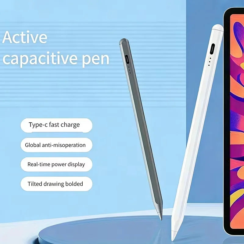 Un stylo capacitif blanc actif à côté d'un smartphone, mettant en évidence la charge rapide USB-C et la puissance en temps ré