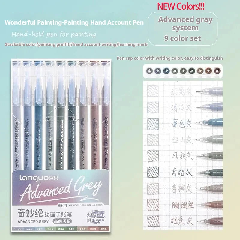 A set of ten advanced gray hand-held pens for painting, including various shades and a color chart.