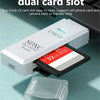 A white USB 3.0 dual card slot reader is shown next to a small memory card.