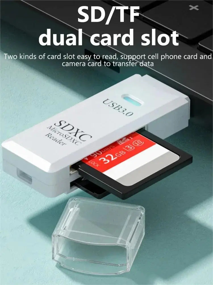 A white USB 3.0 dual card slot reader is shown next to a small memory card.