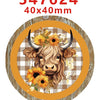 A round acrylic hairbow featuring a brown cow head design with flowers and a plaid background.