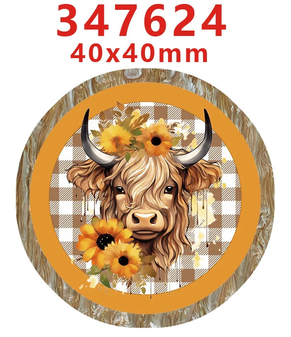 A round acrylic hairbow featuring a brown cow head design with flowers and a plaid background.
