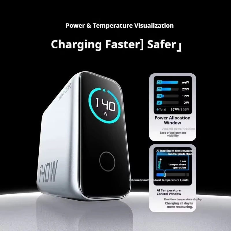 A white GaN smart display charger with a power window showing 140W and temperature control features.