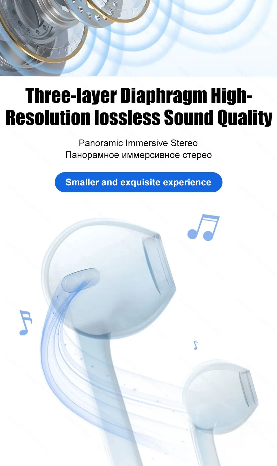 A close-up of white wired earphones with a flexible cable and ear tips against a white background.