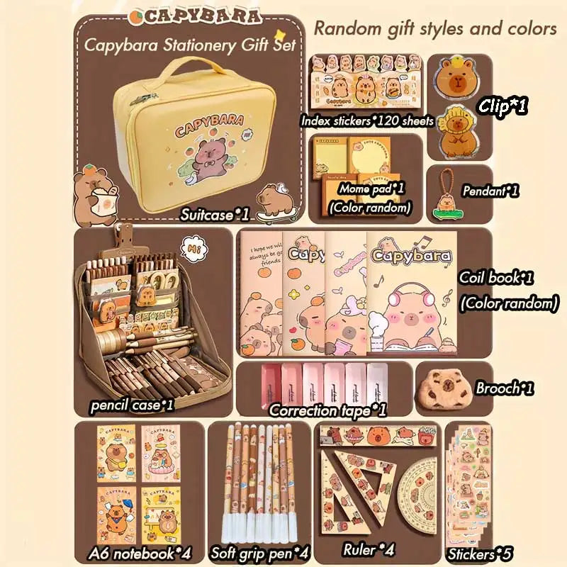 A Capybara stationery gift set featuring a pencil case, notebook, correction tape, ruler, and stickers.