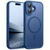 A blue magnetic wireless charging lens protector case for an iPhone, shown in a vertical view.