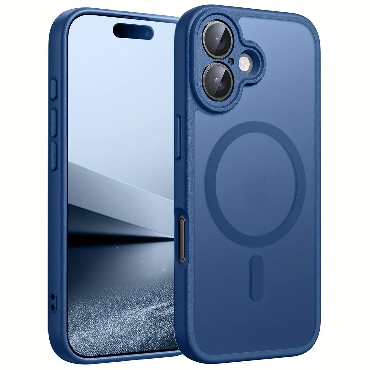 A blue magnetic wireless charging lens protector case for an iPhone, shown in a vertical view.