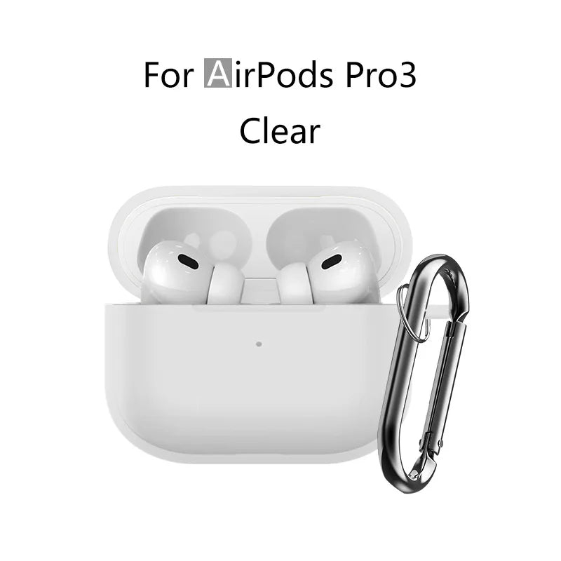 Clear silicone protective case for AirPods Pro 3 with a metal keychain attached.