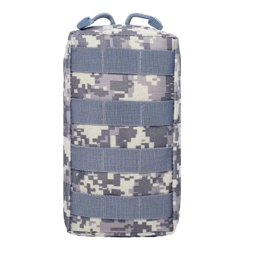 A gray and green camouflage tactical MOLLE utility pouch with multiple webbing straps.