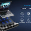 A laptop is placed on a cooling pad with multiple fans and an adjustable stand for improved cooling.