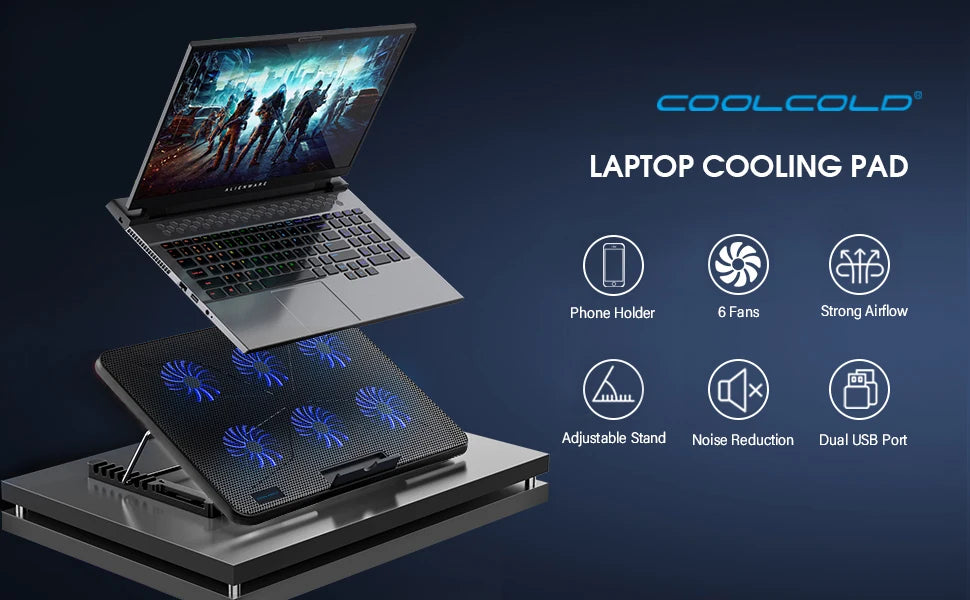 A laptop is placed on a cooling pad with multiple fans and an adjustable stand for improved cooling.